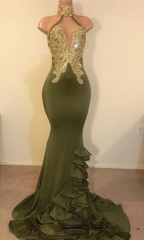 2024 New Arrival Mermaid High Neck Beaded Green Ruch Backless Prom Dresses Cotton unclassified dresses