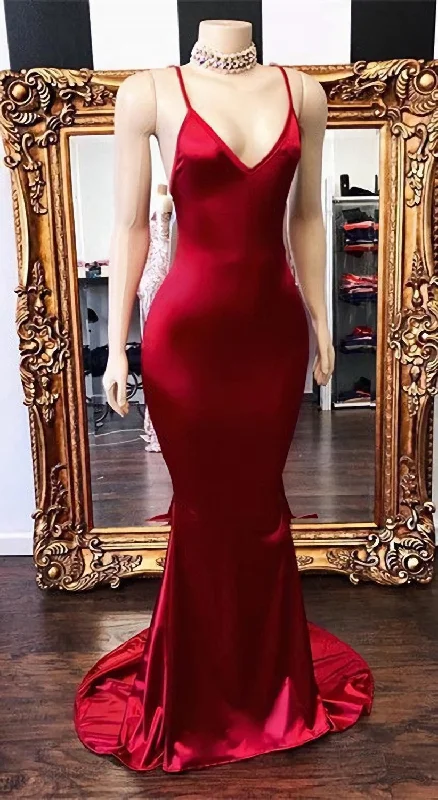 2024 New Arrival Red Mermaid V Neck Backless Elastic Satin Prom Dresses Velvet unclassified dresses