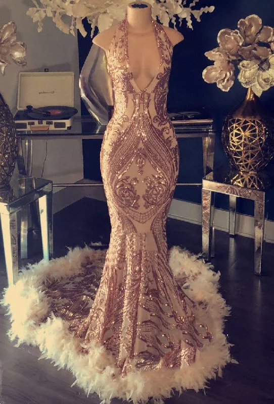 2024 Sexy Gold Sequence V Neck Halter Backless Feathers Prom Dresses Travel unclassified dresses