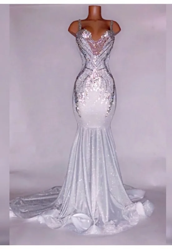 Alluring Silver Satin Beaded Mermaid Prom Dresses Club unclassified dresses