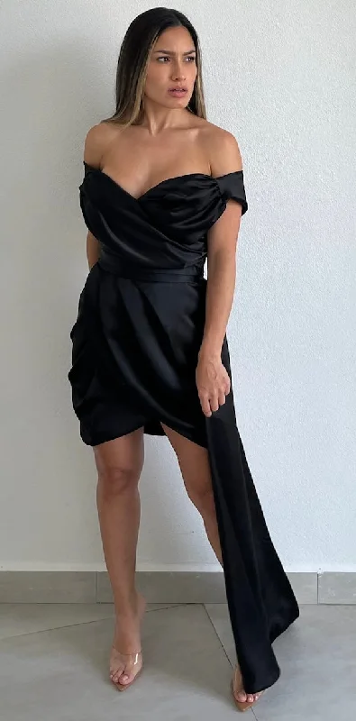 Always Celebrating Black Off-Shoulder Satin Dress Chiffon unclassified dresses