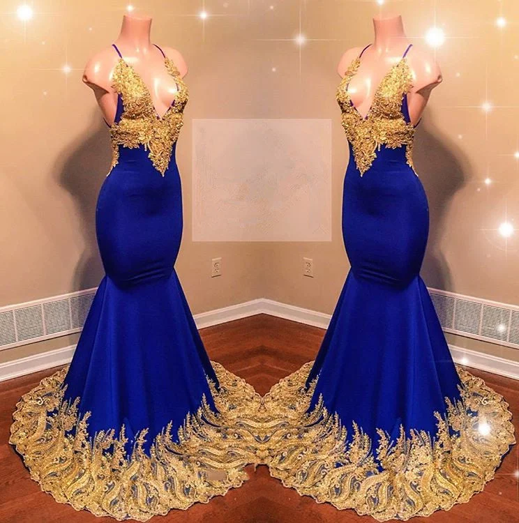 Amazing Royal Blue Mermaid With Gold Appliques Sweetheart Spaghetti Straps Backless Prom Dresses High-end unclassified dresses