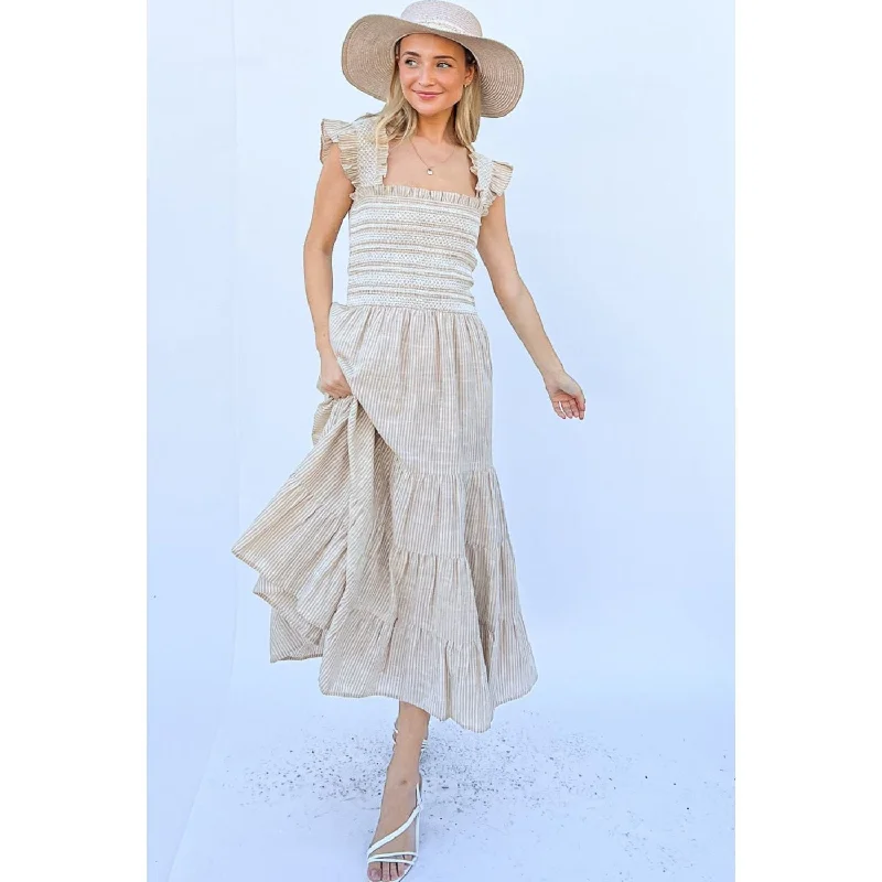 Walk On the Beach Linen Striped Ruffle Dress Tiered unclassified dresses