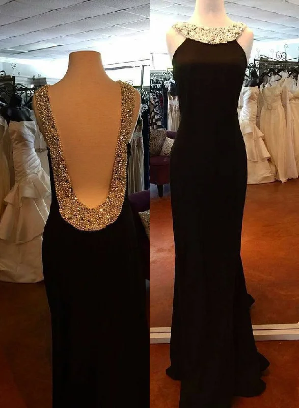 Backless Sleeveless Natural Beading Column/Sheath 2024 Junoesque Black Prom Dresses Anniversary unclassified dresses