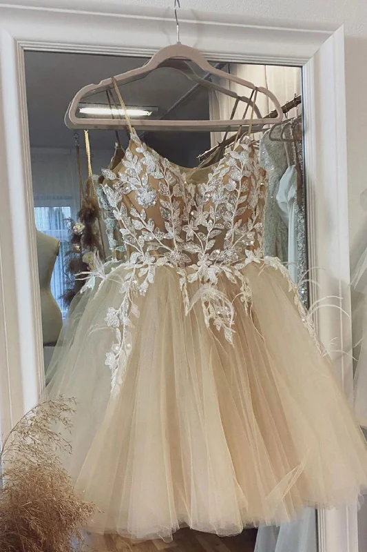 Beige Spaghetti Straps Homecoming Dress With Appliques Vacation unclassified dresses