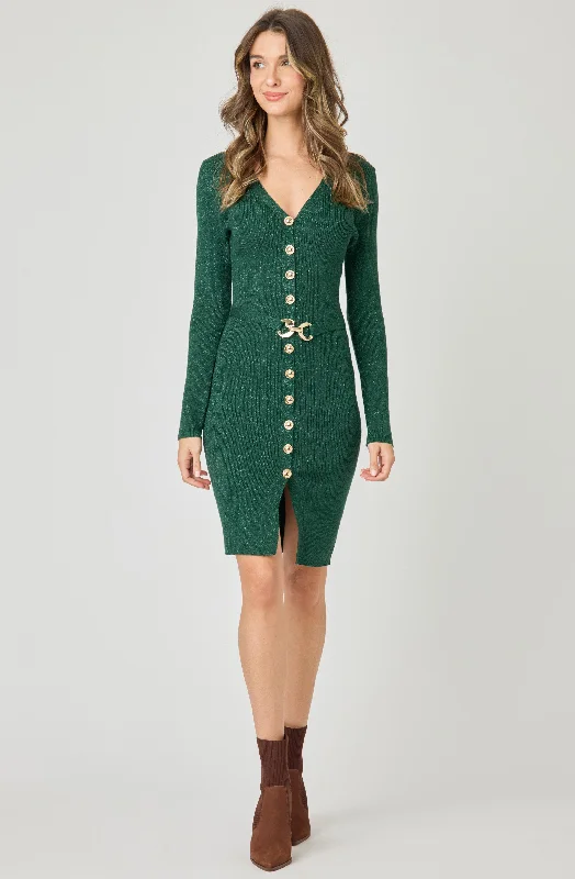 Belted Knit Lurex Dress with Gold Buttons Floral unclassified dresses