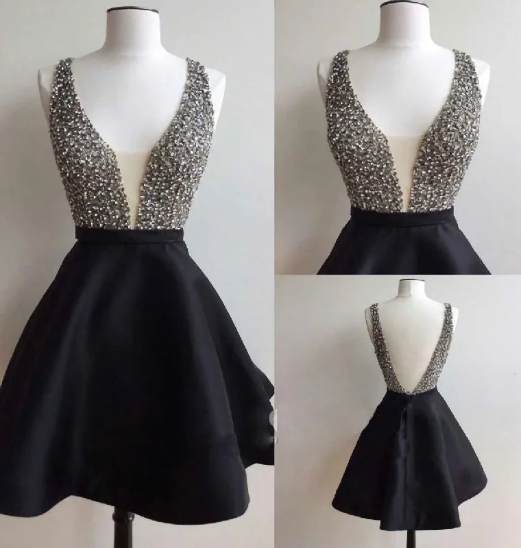 Black Satin V-back Rhinestone Little Black Juniors Homecoming Dresses Stylish unclassified dresses