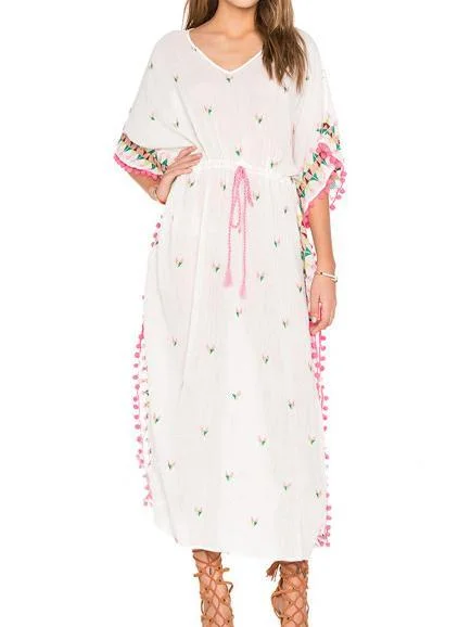 Bohemian embroidered ball pompoms drawstring tassel kimono-style dress Unique unclassified dresses