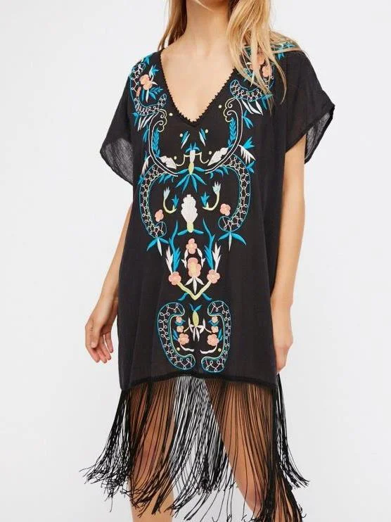 Bohemian style embroidered seaside resort DEEP V-neck sexy dress Date night unclassified dresses