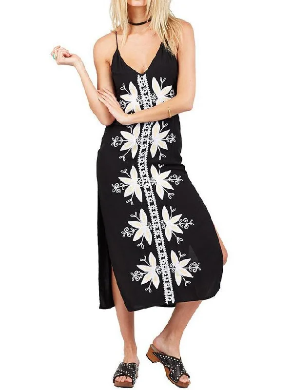 Bohemian vacation wind lapel embroidery harness split black dress dress Lounge unclassified dresses