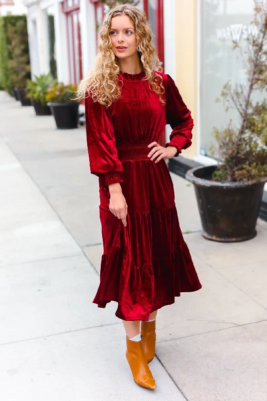 Holiday Dreaming Burgundy Velvet Mock Neck Smocked Waist Dress Tulle unclassified dresses