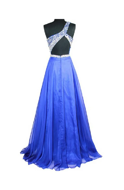 Cheap A Line Royal Blue Chiffon One Shoulder Beaded Prom Dresses Plus size unclassified dresses