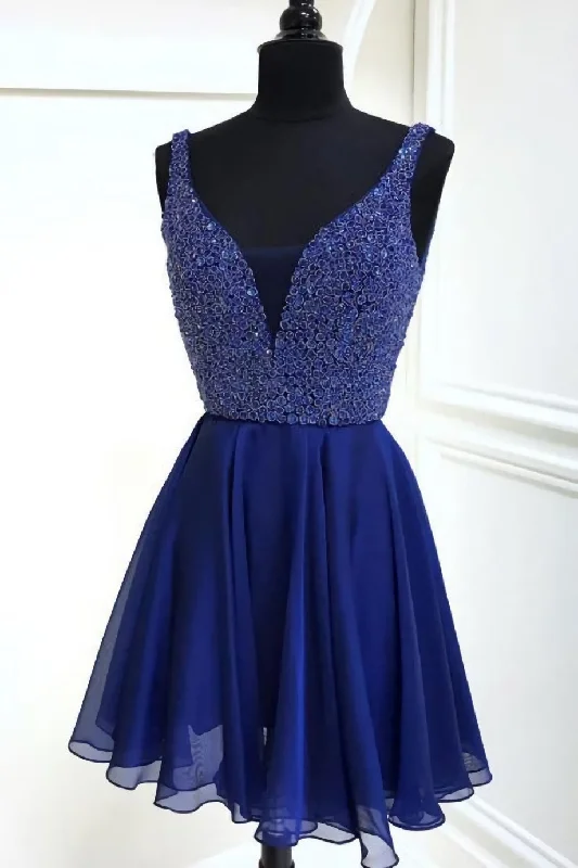 Chiffon A Line Royal Blue Deep V Neck Appliques Sparkle Sleeveless Homecoming Dresses Tiered unclassified dresses