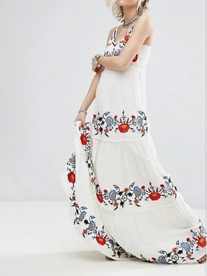 Colorful flower embroidery harness V-neck sleeveless embroidery dress Earthy tone unclassified dresses