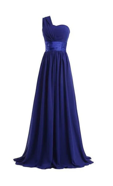 Column One Shoulder Floor Length Chiffon Royal Blue Bridesmaid Dresses Dark color unclassified dresses