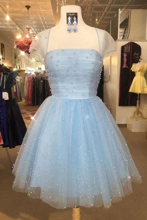 Cute Light Sky Blue with Cap Sleeves Homecoming Dresses Beaded unclassified dresses