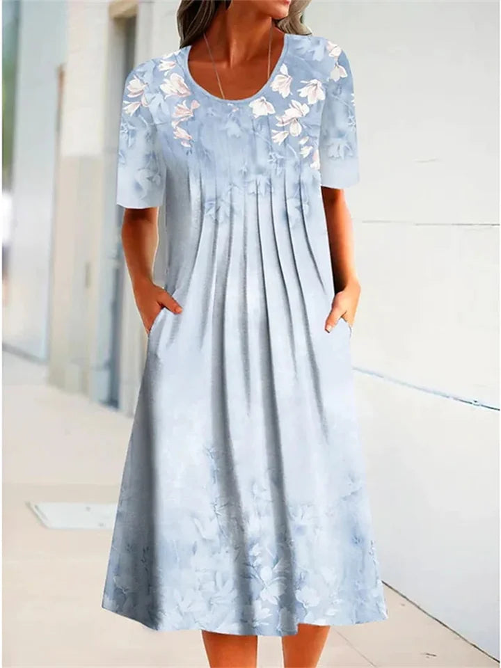 Cynthia|Casual Flower Round Neck Medium Length Straight Dress Unique unclassified dresses