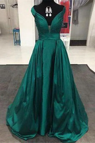 Dark Green A-Line/Princess V-Neck Sleeveless Natural Zipper Sweep Train Satin Prom Dresses Soft fabric unclassified dresses