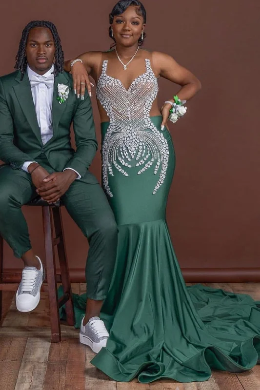 Dark Green Mermaid Floor length Prom Dresses with Silver Beads Bold pattern unclassified dresses