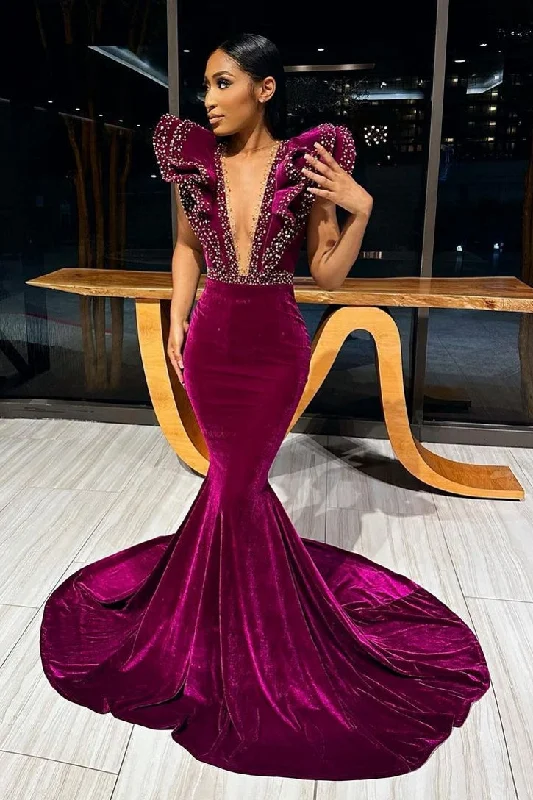 Deep V-Neck Mermaid Sweep Train Beading Prom Dress Everyday wear unclassified dresses