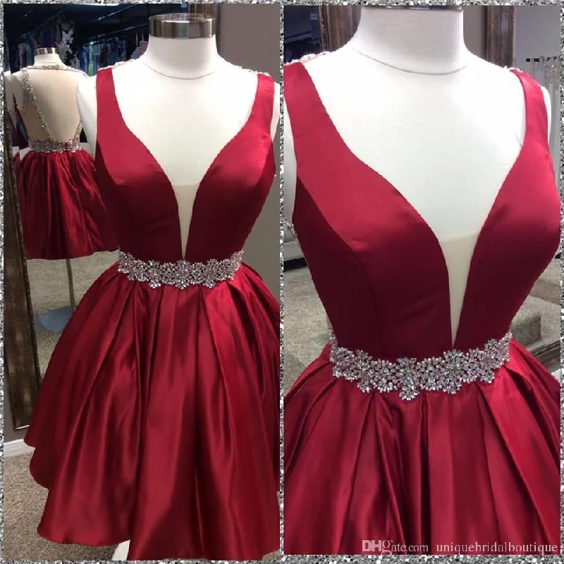 Deep V Neck Sleeveless Burgundy Pleated Satin Backless Homecoming Dresses Anniversary unclassified dresses