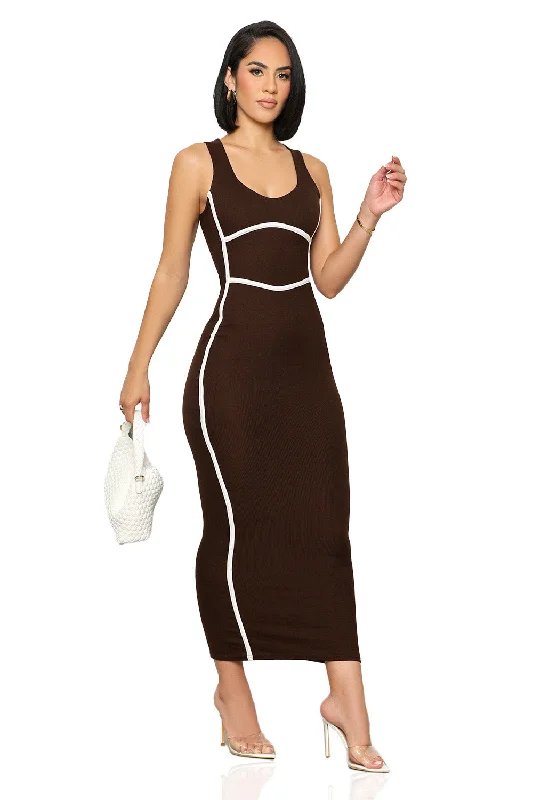 Draw The Line Ribbed Dress (Brown) Trendy unclassified dresses