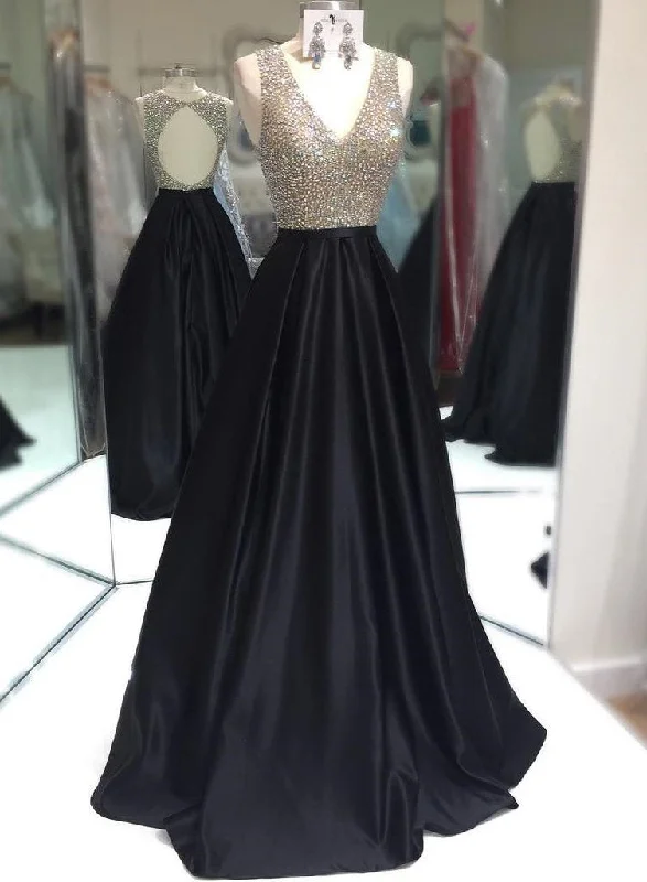 Elegant A-Line/Princess Satin Black Beaded V Neck 2024 Prom Dresses Off-shoulder unclassified dresses