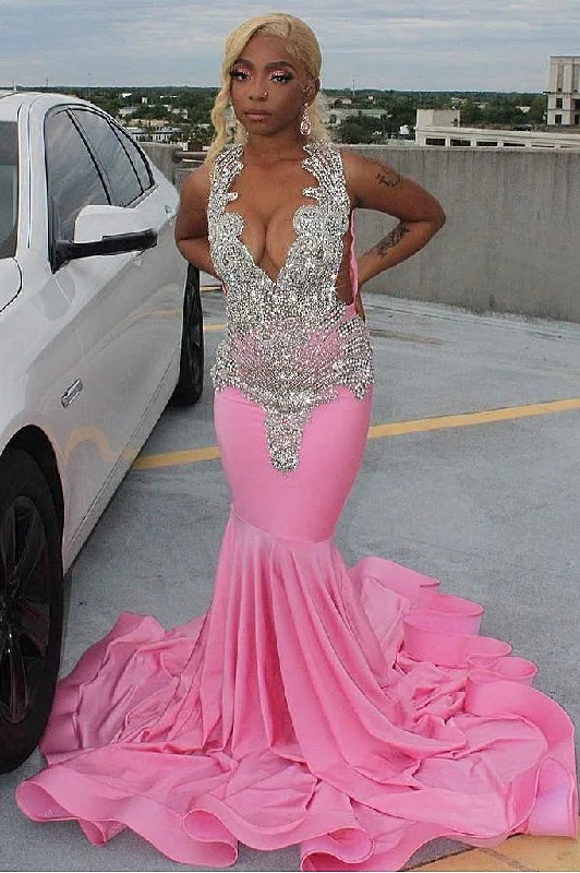 Elegant Pink Mermaid Court Train Prom Dresses wth Silver Beads Minimalist unclassified dresses