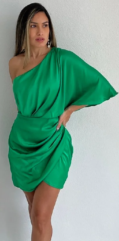 Elegant Poise Green One-Shoulder Satin Dress Popular unclassified dresses