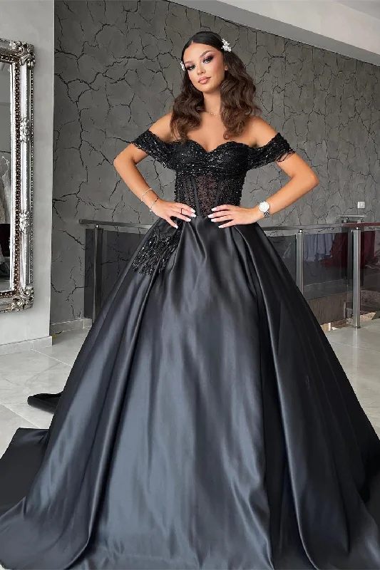 Elegant Sweetheart Off-the-Shoulder Black Prom Dresses with Beads Wedding guest unclassified dresses