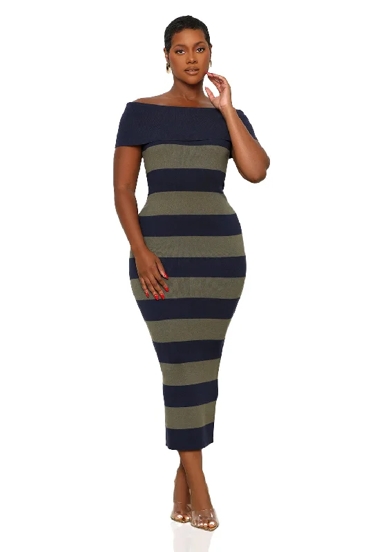 Fall In Love Stripe Off The Shoulder Dress (Olive/Navy) Fall unclassified dresses