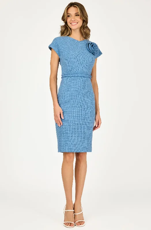 Fitted Bouclé Dress with Flower Boutonnière Ruched unclassified dresses