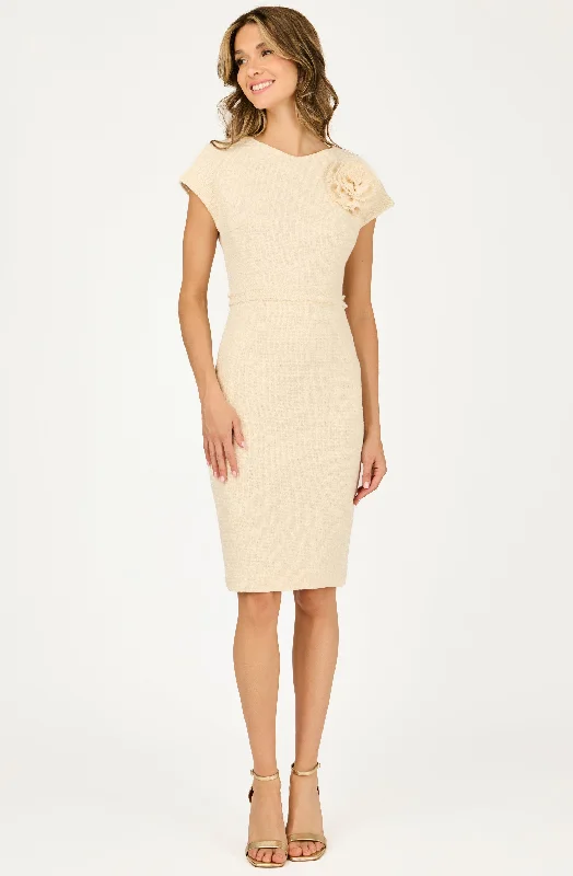 Fitted Bouclé Dress with Flower Boutonnière Comfortable unclassified dresses