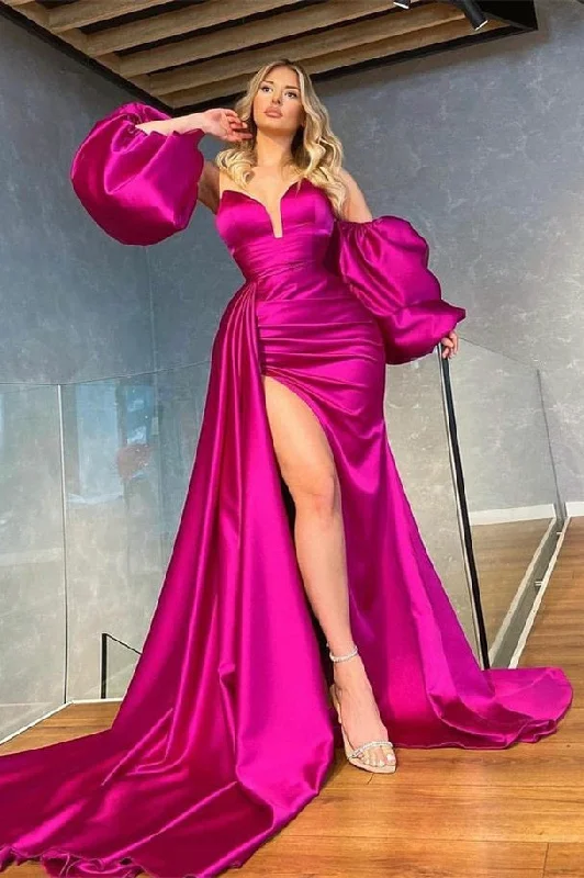 Fuchsia Detachable Sleeves Mermaid Prom Dress Slit With Ruffles Formal unclassified dresses