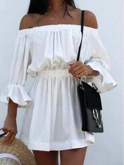 Half Sleeve Off Shoulder Elastic Waist Casual Dress Elegant unclassified dresses