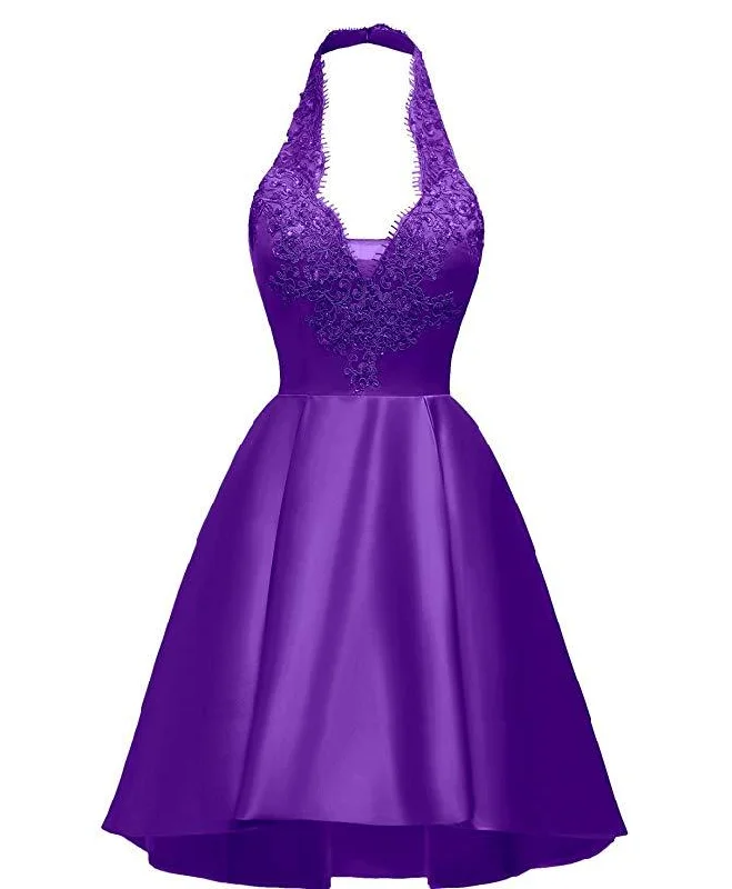 Halter Deep V Neck Satin Appliques Purple Backless Pleated A Line Homecoming Dresses High-end unclassified dresses