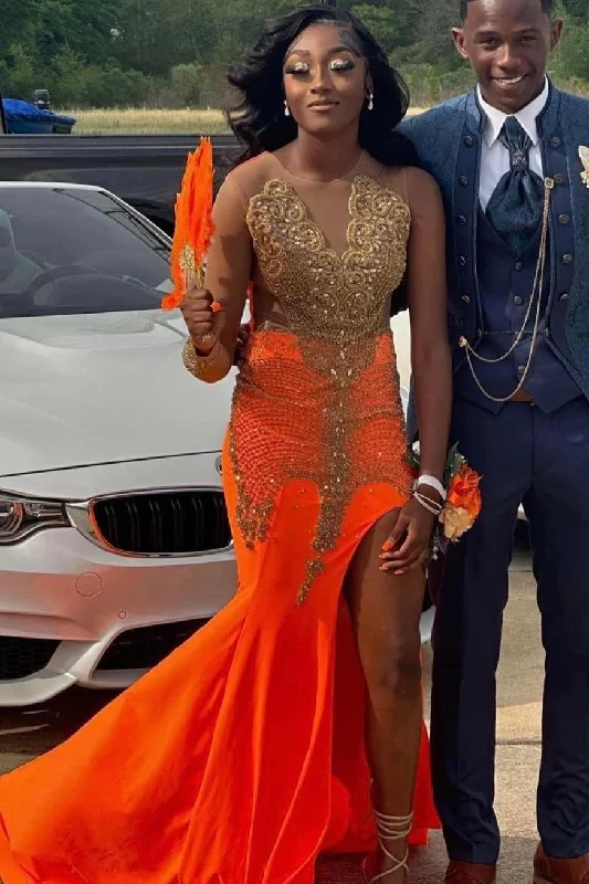 Hot Orange Mermaid High Split Prom Dresses with Gold Beads Bright color unclassified dresses