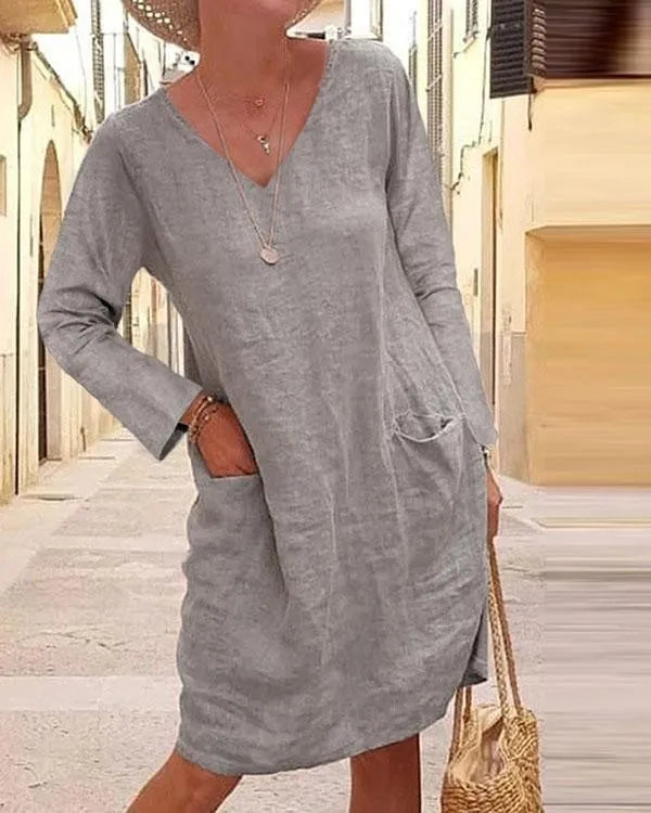 Julia| Casual Solid Tunic V-neckline Shift Dress Cotton unclassified dresses