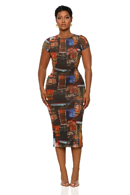 Like Picasso Cut Out Dress (Brown Multi) Affordable unclassified dresses