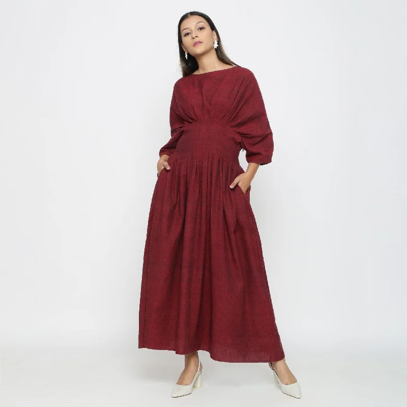 Maroon Handspun Cotton Ankle Length Pleated Flared Dress Satin unclassified dresses