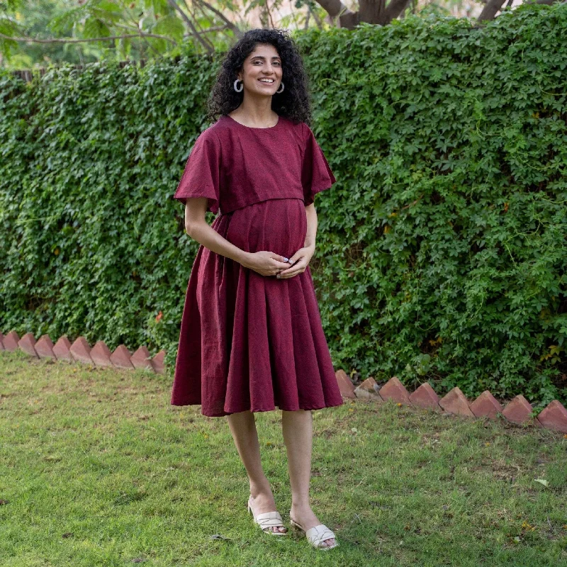 Maroon Handspun Cotton Fit and Flare Knee Length Pre and Post Maternity Dress Y2K unclassified dresses