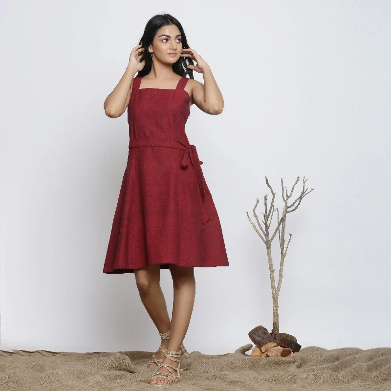 Maroon Handspun Cotton Knee Length Princess Line Dress High-low unclassified dresses