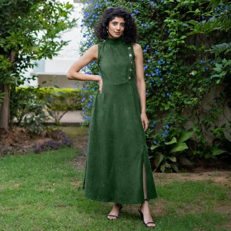 Moss Green Warm Cotton Corduroy High-Neck Sleeveless Slit Dress Chiffon unclassified dresses