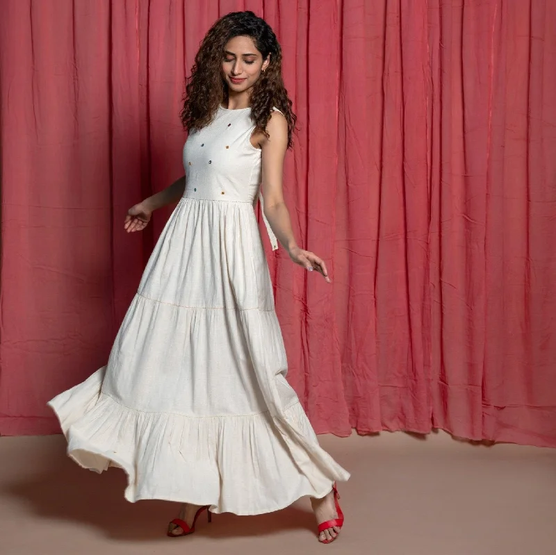 Off-White Embroidered Cotton Muslin Floor Length Tier Dress Open-back unclassified dresses