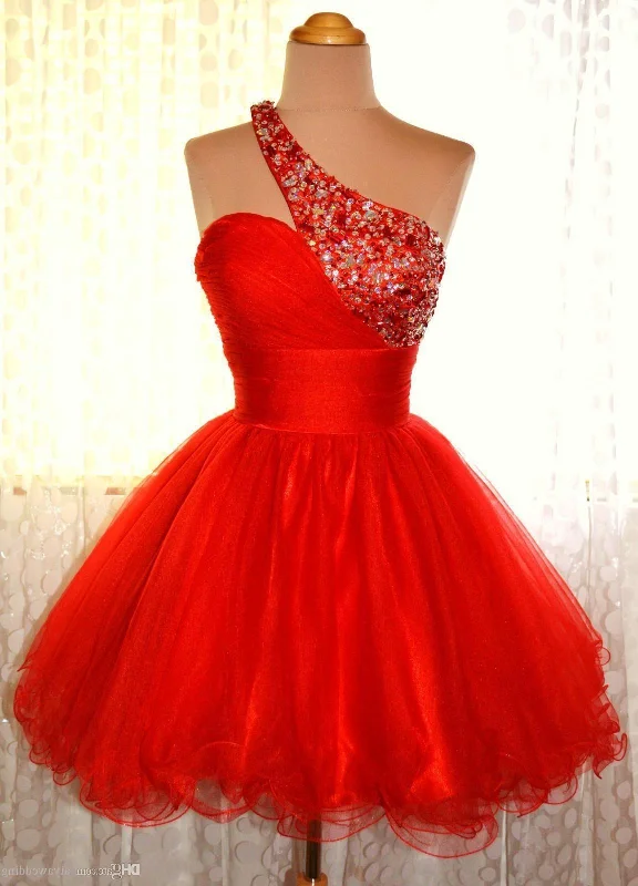 One Shoulder Red Sleeveless A Line Organza Pleated Rhinestone Homecoming Dresses Ruffled unclassified dresses