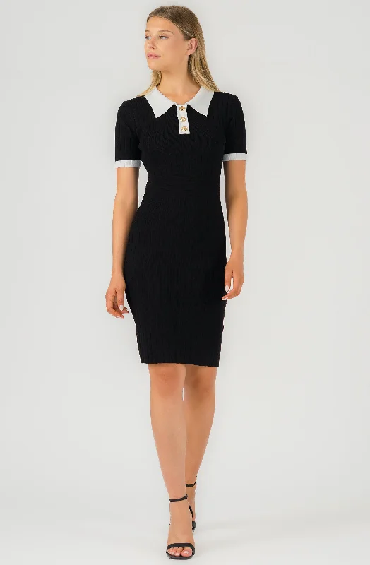 Ribbed Knit Dress with Contrasting Collar Tiered unclassified dresses