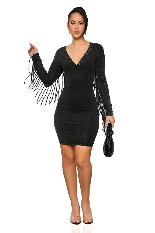 Rodeo Ready Fringe Dress (Black Acid Wash)-FINAL SALE Tulle unclassified dresses