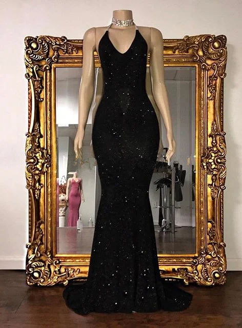 Sexy 2024 Black Halter Mermaid Sequence Backless Prom Dresses Winter unclassified dresses