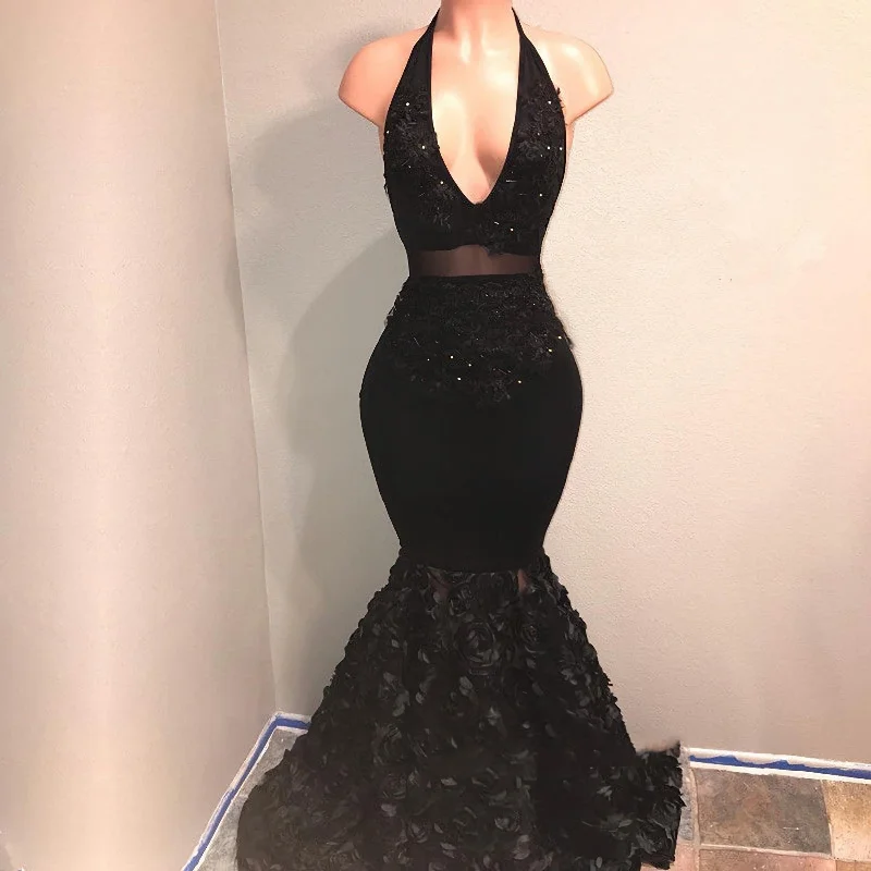 Black Mermaid Deep V Neck High Waist African Backless Prom Dresses Floral unclassified dresses