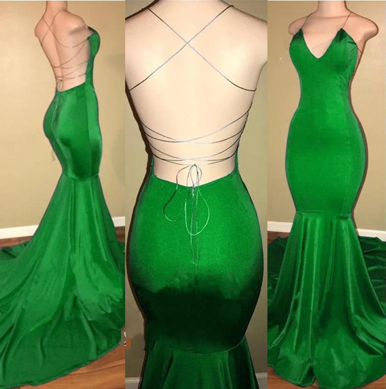 Sexy Mermaid Green Backless Criss Cross V Neck Elastic Satin Prom Dresses Corset unclassified dresses